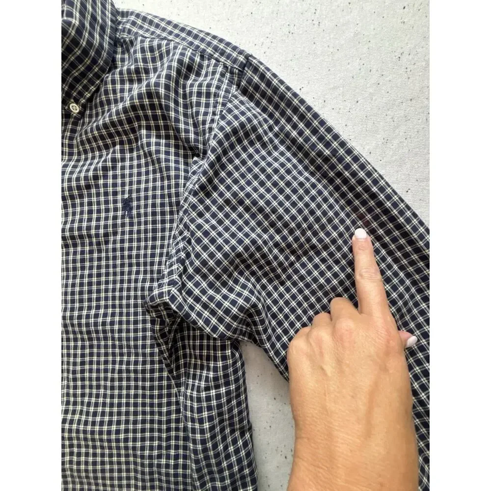 Polo Ralph Lauren Men Button Down Shirt XL Classic Fit Navy Blue Check Plaid LS